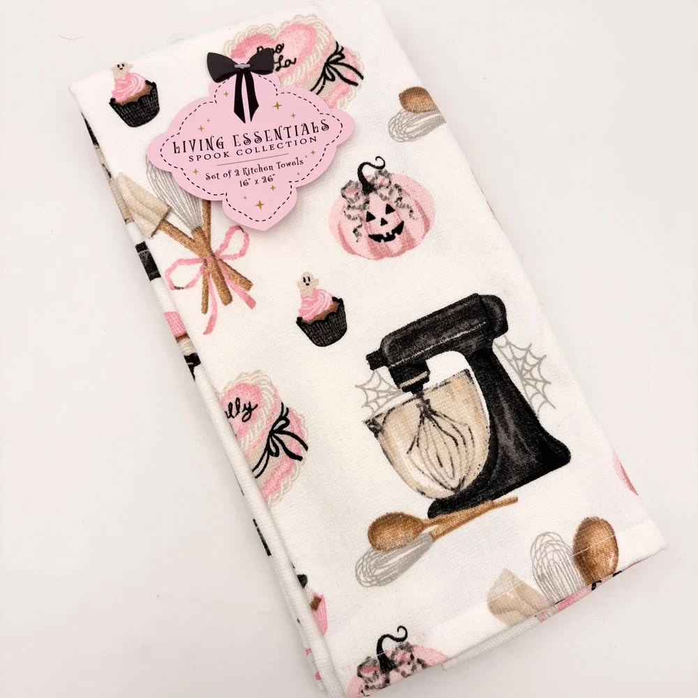 Living Essentials Spook Collection Pink Halloween Baking Kitchen Towels Set of 2